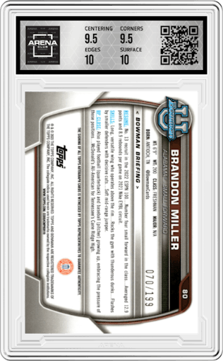 Brandon Miller from the 2022-23 Bowman University Chrome set featuring a RayWave Refractor parallel graded by Arena Club and given an overall grade of 10.