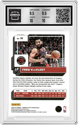 Fred Vanvleet from the 2022-23 Panini Donruss Optic  set featuring a Purple Shock parallel graded by Arena Club and given an overall grade of 10.