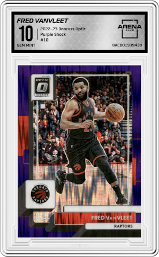 Fred Vanvleet from the 2022-23 Panini Donruss Optic  set featuring a Purple Shock parallel graded by Arena Club and given an overall grade of 10.