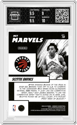 Scottie Barnes from the 2022-23 Panini Donruss set featuring a Diamond parallel graded by Arena Club and given an overall grade of 9.5.