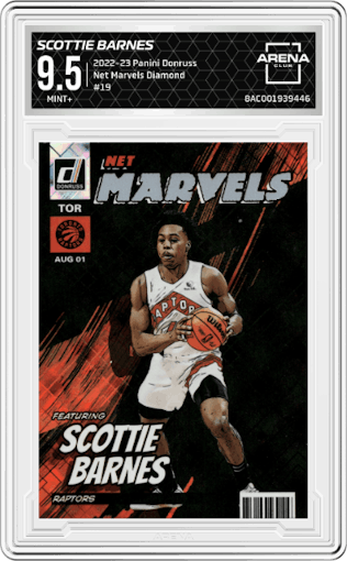 Scottie Barnes from the 2022-23 Panini Donruss set featuring a Diamond parallel graded by Arena Club and given an overall grade of 9.5.