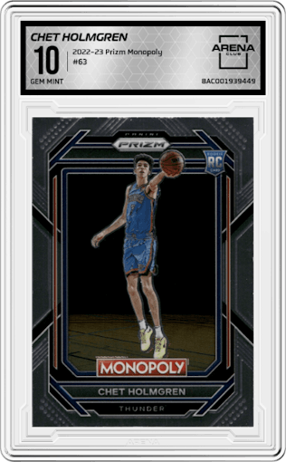 Chet Holmgren from the 2022-23 Panini Prizm Monopoly set graded by Arena Club and given an overall grade of 10.