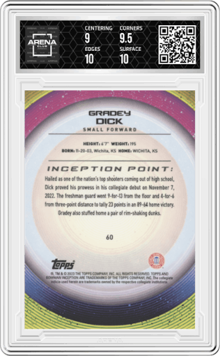 Gradey Dick from the 2022-23 Bowman University Inception set graded by Arena Club and given an overall grade of 9.5.