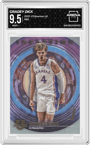 Gradey Dick from the 2022-23 Bowman University Inception set graded by Arena Club and given an overall grade of 9.5.