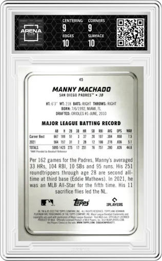 Manny Machado from the 2022 Bowman Platinum set featuring a Ice Foilboard parallel graded by Arena Club and given an overall grade of 9.5.