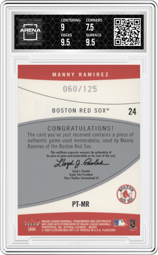 Manny Ramirez from the 2004 Flair set featuring a Pewter parallel graded by Arena Club and given an overall grade of 8.