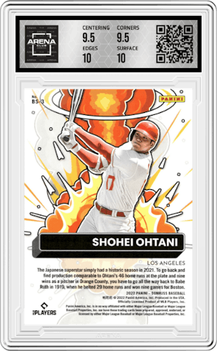 Shohei Ohtani from the 2022 Panini Donruss set featuring a Rapture parallel graded by Arena Club and given an overall grade of 10.
