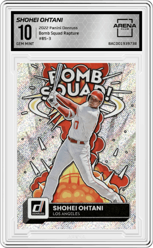 Shohei Ohtani from the 2022 Panini Donruss set featuring a Rapture parallel graded by Arena Club and given an overall grade of 10.