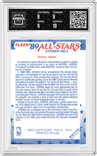 Michael Jordan  from the 1989-90 Fleer set graded by Arena Club and given an overall grade of 8.5.