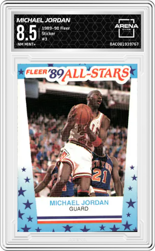 Michael Jordan  from the 1989-90 Fleer set graded by Arena Club and given an overall grade of 8.5.
