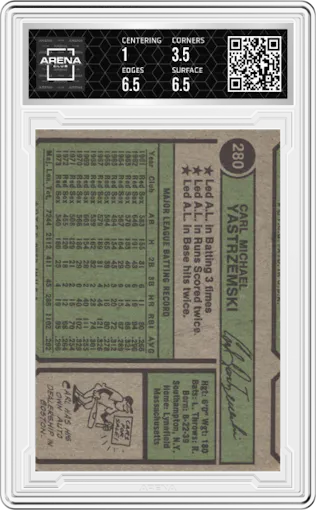 Carl Yastrzemski from the 1974 Topps set graded by Arena Club.