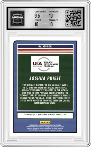  Joshua Priest from the 2023 Panini Stars & Stripes USA set graded by Arena Club and given an overall grade of 10.
