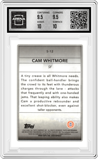 Cam Whitmore from the 2022-23 Bowman University Chrome set graded by Arena Club and given an overall grade of 10.