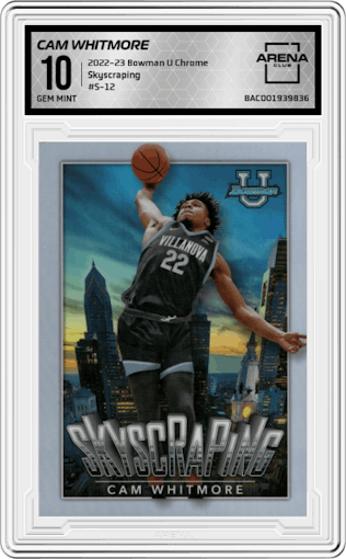 Cam Whitmore from the 2022-23 Bowman University Chrome set graded by Arena Club and given an overall grade of 10.