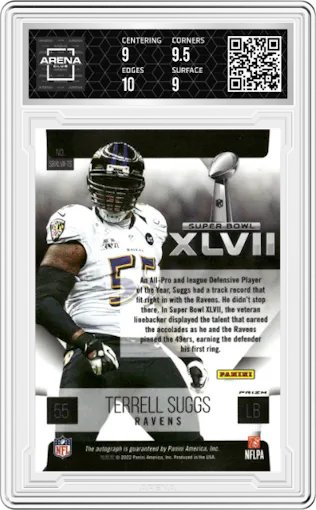 Terrell Suggs from the 2022 Panini Select set graded by Arena Club and given an overall grade of 9.5.