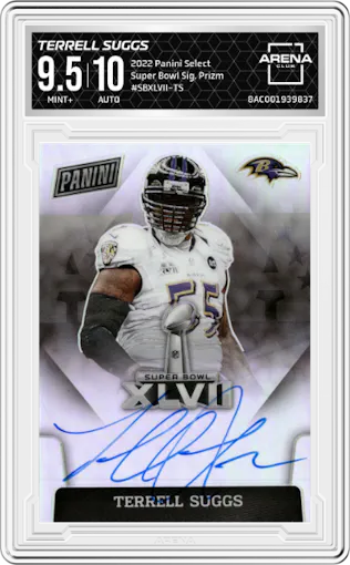 Terrell Suggs from the 2022 Panini Select set graded by Arena Club and given an overall grade of 9.5.
