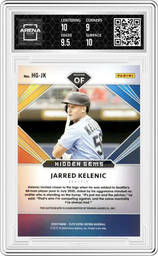 Jarred Kelenic from the 2020 Panini Elite Extra Ed. set graded by Arena Club and given an overall grade of 9.5.