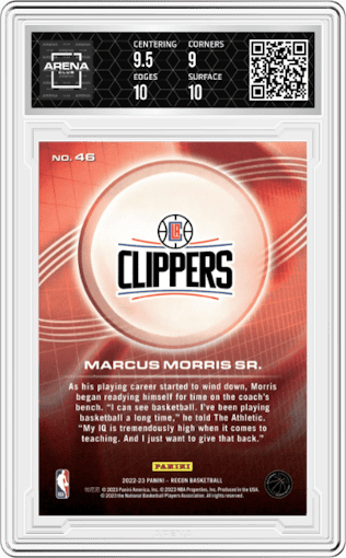 Marcus Morris Sr. from the 2022-23 Panini Recon set featuring a Holo Blue  parallel graded by Arena Club and given an overall grade of 9.5.