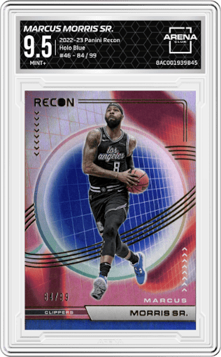 Marcus Morris Sr. from the 2022-23 Panini Recon set featuring a Holo Blue  parallel graded by Arena Club and given an overall grade of 9.5.