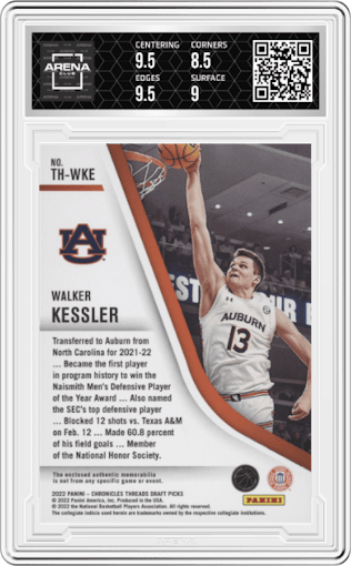 Walker Kessler from the 2022-23 Panini Chronicles Draft Picks set featuring a Blue parallel graded by Arena Club and given an overall grade of 9.