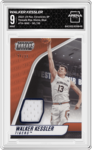 Walker Kessler from the 2022-23 Panini Chronicles Draft Picks set featuring a Blue parallel graded by Arena Club and given an overall grade of 9.