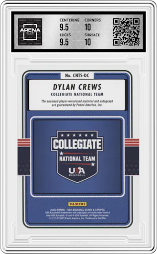 Dylan Crews from the 2023 Panini Stars & Stripes USA set graded by Arena Club and given an overall grade of 10.