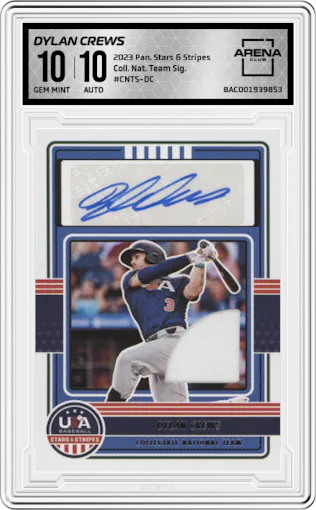 Dylan Crews from the 2023 Panini Stars & Stripes USA set graded by Arena Club and given an overall grade of 10.