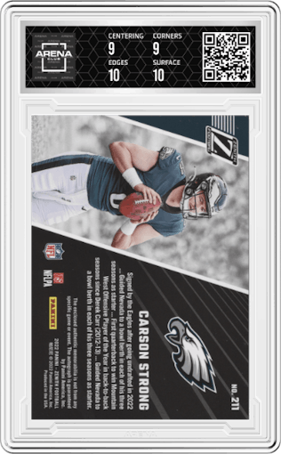 Carson Strong from the 2022 Panini Zenith set featuring a Sparkle parallel graded by Arena Club and given an overall grade of 9.5.