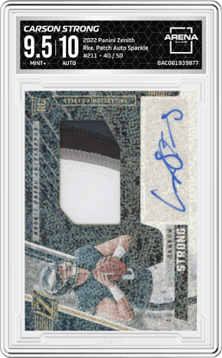 Carson Strong from the 2022 Panini Zenith set featuring a Sparkle parallel graded by Arena Club and given an overall grade of 9.5.
