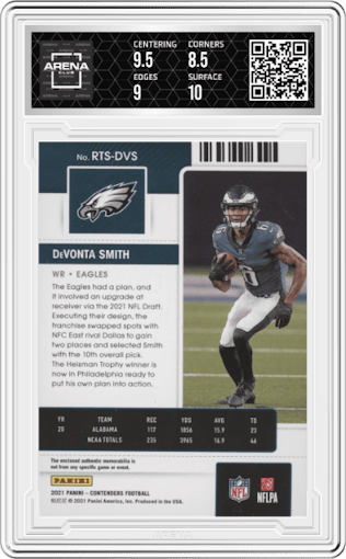 DeVonta Smith from the 2021 Panini Contenders   set graded by Arena Club and given an overall grade of 9.