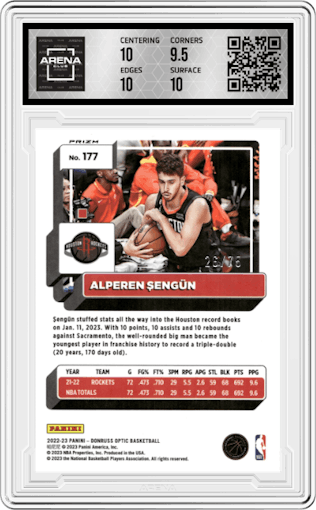 Alperen Sengun from the 2022-23 Panini Donruss Optic  set featuring a Fast Break Red parallel graded by Arena Club and given an overall grade of 10.