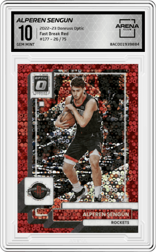 Alperen Sengun from the 2022-23 Panini Donruss Optic  set featuring a Fast Break Red parallel graded by Arena Club and given an overall grade of 10.