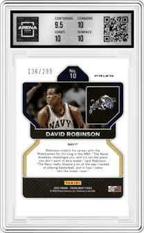 David Robinson from the 2022-23 Panini Prizm Draft Picks set featuring a Red Prizm parallel graded by Arena Club and given an overall grade of 10.