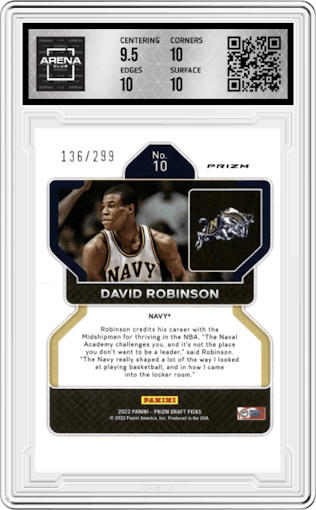 David Robinson from the 2022-23 Panini Prizm Draft Picks set featuring a Red Prizm parallel graded by Arena Club and given an overall grade of 10.