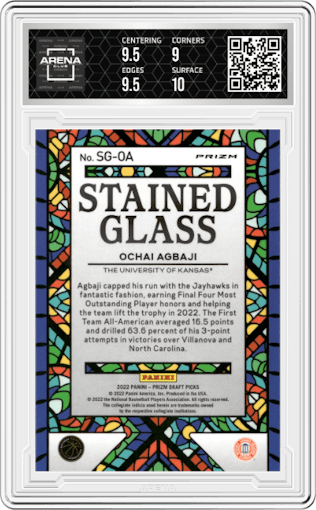 Ochai Agbaji from the 2022-23 Panini Prizm Draft Picks set graded by Arena Club and given an overall grade of 9.5.