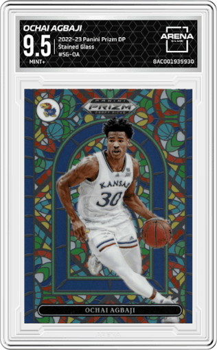 Ochai Agbaji from the 2022-23 Panini Prizm Draft Picks set graded by Arena Club and given an overall grade of 9.5.