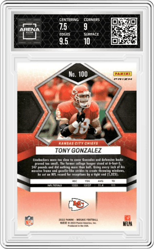 Tony Gonzalez from the 2022 Panini Mosaic set featuring a Gold Sparkle parallel graded by Arena Club and given an overall grade of 8.