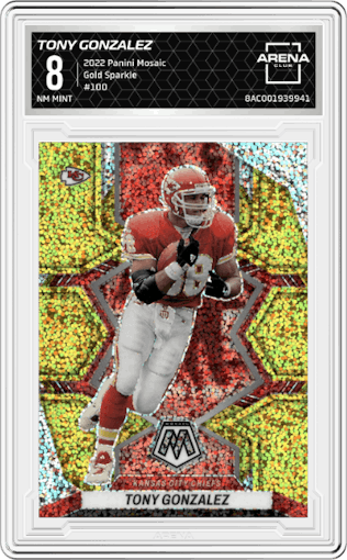 Tony Gonzalez from the 2022 Panini Mosaic set featuring a Gold Sparkle parallel graded by Arena Club and given an overall grade of 8.