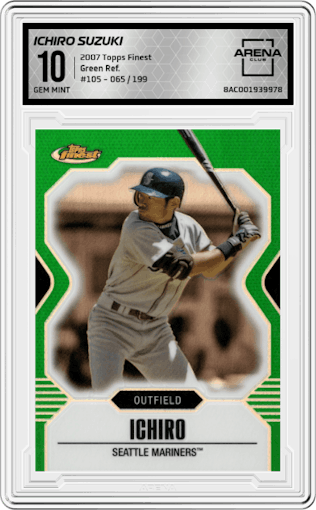 Ichiro Suzuki from the 2007 Topps Finest set featuring a Green Refractor parallel graded by Arena Club and given an overall grade of 10.