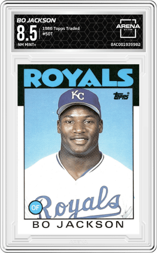 Bo Jackson from the 1986 Topps Traded set graded by Arena Club and given an overall grade of 8.5.