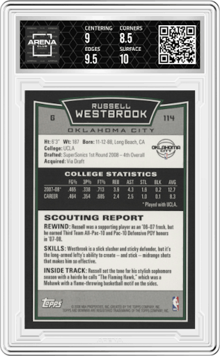 Russell Westbrook from the 2008-09 Bowman set graded by Arena Club and given an overall grade of 9.