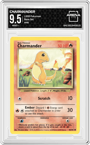 Charmander from the 1999 Pokemon set graded by Arena Club and given an overall grade of 9.5.