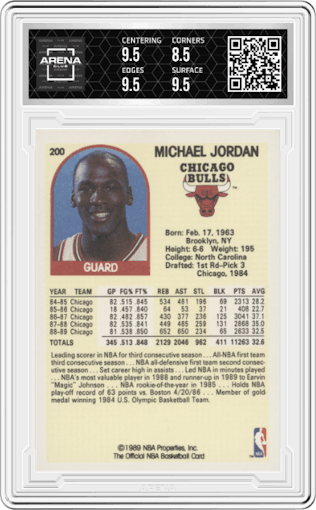 Michael Jordan  from the 1989-90 NBA Hoops  set graded by Arena Club and given an overall grade of 9.