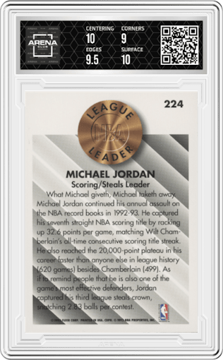 Michael Jordan  from the 1993-94 Fleer set graded by Arena Club and given an overall grade of 9.5.