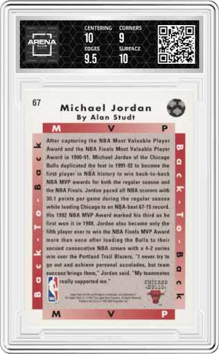Michael Jordan from the 1992-93 Upper Deck  set graded by Arena Club and given an overall grade of 9.5.