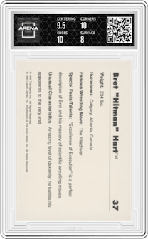 Bret Hitman Hart from the 1990 Classic WWF set graded by Arena Club and given an overall grade of 8.5.