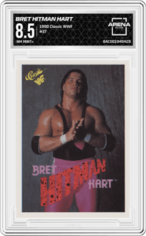 Bret Hitman Hart from the 1990 Classic WWF set graded by Arena Club and given an overall grade of 8.5.