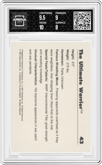 The Ultimate Warrior from the 1990 Classic WWF set graded by Arena Club and given an overall grade of 8.5.