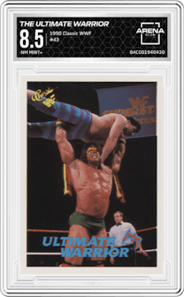The Ultimate Warrior from the 1990 Classic WWF set graded by Arena Club and given an overall grade of 8.5.