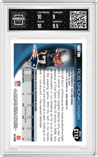 Rob Gronkowski from the 2010 Topps Chrome set graded by Arena Club and given an overall grade of 9.5.